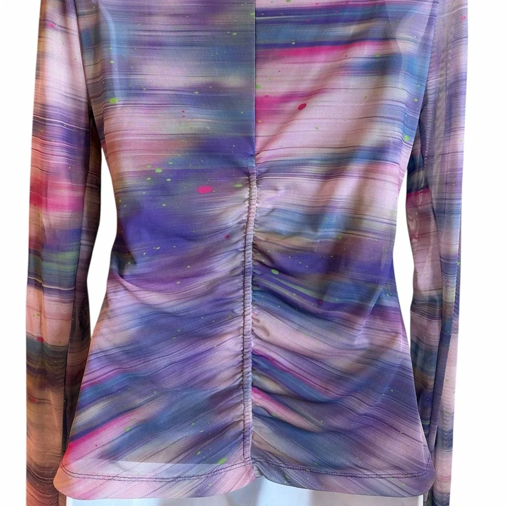 Anthropologie Mesh Top Size Medium Purple Pattern Double Layer Long Sleeve - Picture 8 of 15